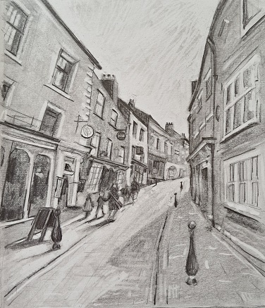 Pencil sketch of a street scene